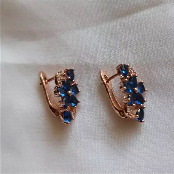 Gold Plated Blue Flower Earrings - Picture 4 of 4